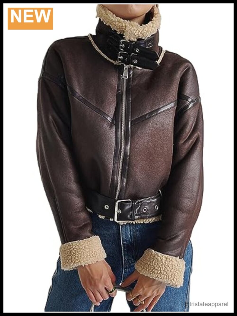 Faux Leather Aviator Bomber Jacket Cropped Sherpa Lined Winter Coat Windproof
